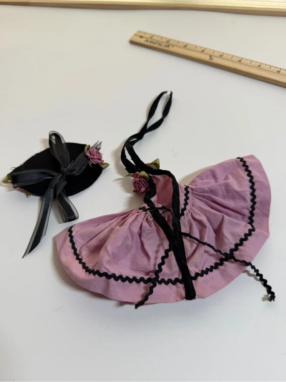 Pink Doll Dress with Black Ric Rac Trim and Matching Black Hat. Handmade.